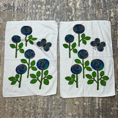 Vintage Penney’s Retro Bathroom Floral Butterfly Hand towels 2 Set 70s - Image 1 of 4