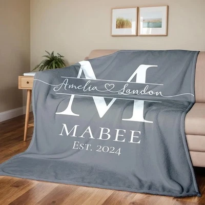 Personalized Monogram Names Blanket for Couples Christmas Gift Fleece Blanket - Image 1 of 4