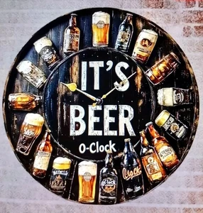 RETRO - IT'S BEER O-CLOCK - ROUND WOOD DECOR 20cm New Funky (2D flat) HANG - Picture 1 of 2