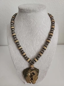 Gold Tone Silver Geode Pendant Statement Necklace Metallic Beaded Chain - Picture 1 of 7