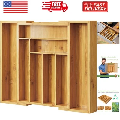 Бамбуковый органайзер для столовых приборов, расширяемый поднос для столовых приборов, ящик для посуды организовать... - Изображение 1 из 4
