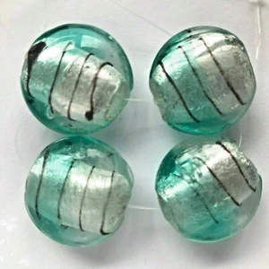 4 Silver Foiled Glass Lampwork Beads Charms Pebble Round 25mm Teal Stripe - Picture 1 of 10