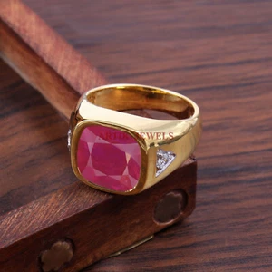 Heated Ruby Gemstone with Gold Plated 925 Sterling Silver Ring for Men's #5497 - Picture 1 of 4