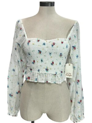 BILLABONG WRANGLER Pretty Days Crop Top L White Gingham Floral Smock Puff Sleeve - Image 1 of 4