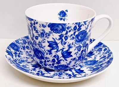 Delfter Blau Tasse & Untertasse 450ml Jumbo Frühstück Fine Bone China Blumen Floral Set - Bild 1 von 4