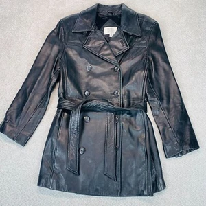 VALERIE STEVENS Women Medium Black Lamb Leather Double Breasted Coat Jacket - Picture 1 of 7