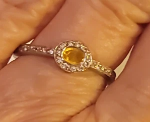 Citrine Gemstone Surrounded by 30 Diamonds 14k White Gold Ring Signed MDT Size 6 - Picture 1 of 20