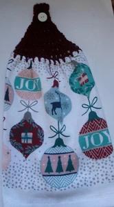 MAROON Yarn Crochet Top CHRISTMAS ORNAMENTS REINDEER JOY Print Kitchen Towel - Picture 1 of 3