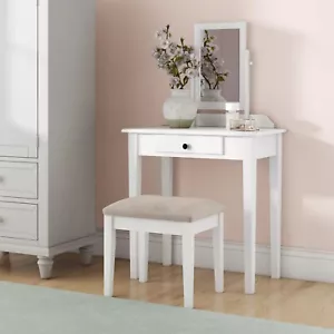 Solid White 3 pc Vanity Set Mirror Wooden Table Stool Makeup Drawer Bedroom Desk - Picture 1 of 3