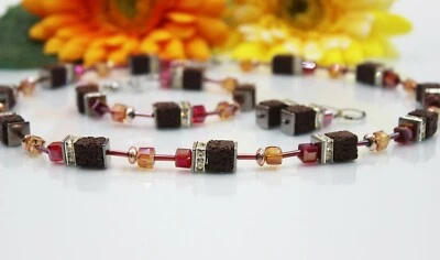 Würfelkette Schmuckset Ohrringe Armband Lava Perlen Braun Glas Rot 3 Teilig#E083 - Bild 1 von 4