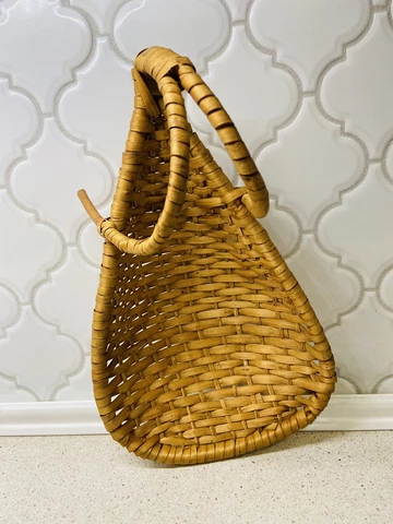 Basket Vtg 1970’s Cradle Shaped Handwoven Table Hanging Gathering Decorative Cover