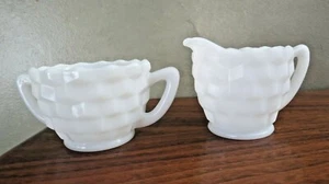 Jeanette Glass Milk Glass Cube Pattern Creamer and Open Sugar Bowl - Picture 1 of 8