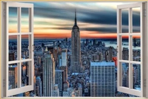 NEW YORK SKYLINE SCENE VIEW THROUGH WINDOW CANVAS PRINT WALL ART PICTURE UK