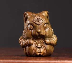 4.3*4.1*5.1cm Hand Carved Green Sandalwood Netsuke: Meditation Zodiac Rabbit - Picture 1 of 4