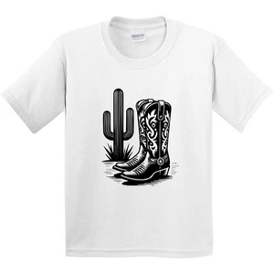 Inktastic Cowboy Cowgirl Boots Cactus Youth T-Shirt Western Barrel Racing Roping - Picture 1 of 7