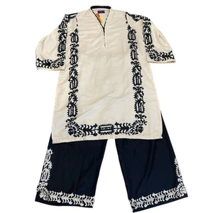 Sana Safinaz Women Kurta Tunic Pant Set XL White Black Ornate Design Folk Ethnic - Bild 1 von 23