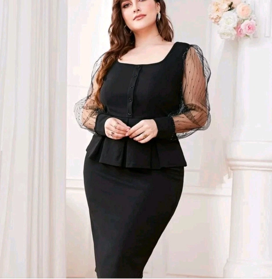 黑色 ~ 加大尺寸 4XL ~ 网眼插入灯笼袖上衣和开叉后裙 — 第 1/4 张图片