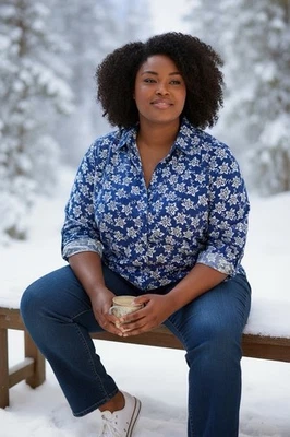 Top Croft & Barrow Abotonado Azul Blanco Floral Talla 2X Manga Larga Algodón Elástico Foto 1 de 4