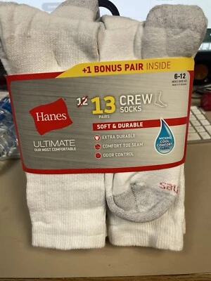 Hanes Men's 12-pair+1 free  Ultimate Crew Socks 6-12 odor control wicking cool - Image 1 of 4