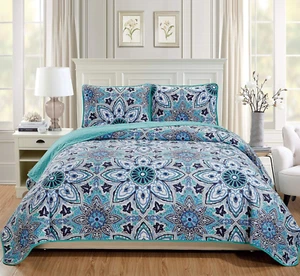 3Pc King/California King Oversized Quilted Bedspread Coverlet Set Floral Turquoi - Picture 1 of 12