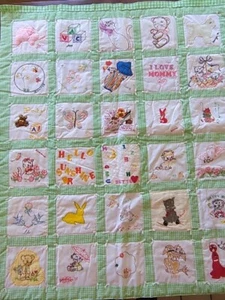 Vintage 39" x 46" 30 Different Square Green Baby, Toddler Quilt Wall Hanging - Picture 1 of 18