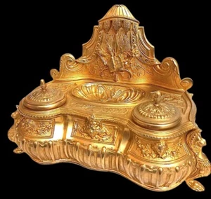 Lerolle Freres Louis XIV Gilt Bronze Double Inkwell Claw Feet, Richly Ornate 19C - Picture 1 of 12