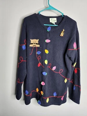 Womens M Quacker Factory Cat Holiday Christmas Light Sweater Cardigan  - Image 1 of 4