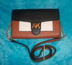 New ANNE KLIEN Black & Saddle Brown Wallet Crossbody Bag - CHAIN STRAP - PEBBLED - Picture 1 of 17