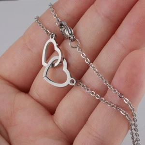 Double Interlocking Hearts Adjustable Link Chain Silver - Picture 1 of 5