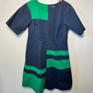 eShakti Dress Custom Fit & Flare Navy Green Cotton Colorblock Spring Office M - Picture 1 of 9