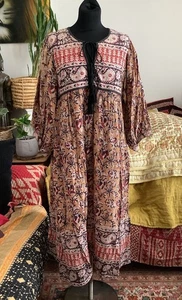 🦋Naked Generation Block Print Midi Dress *L Pockets Indian Cotton Bohemian Folk - Picture 1 of 10