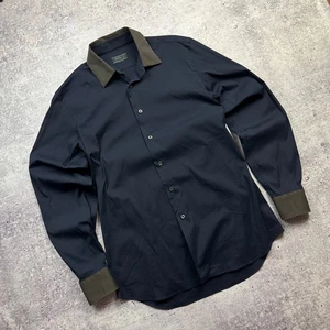 Prada Popeline Stretch Bicolore Long Sleeve Shirt Navy Brown Collar size 41 men - Picture 1 of 14