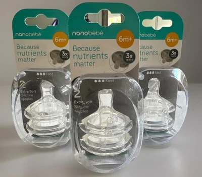 LOT OF 3!! 2-Packs NANOBEBE 6m+ Extra Soft Clear Silicone Nipples Fast Flow NEW! - Image 1 of 4