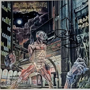 IRON MAIDEN SOMEWHERE IN TIME VINYL RECORD PROMO COPY 1986 SIGNED BY WHOLE BAND - Picture 1 of 6