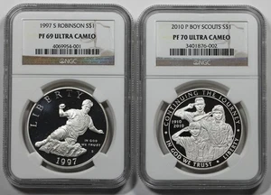 Pair 1997-S Jackie Robinson $1 NGC PF69UC & 2010-P Boy Scouts $1 NGC PF70UC - Picture 1 of 2