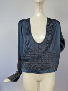 ART DECO FLAPPER 1920’S GLASS BEADED BLOUSE W BLUE + GOLD BEADS - Picture 1 of 7