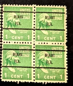 SCOTT # 805 - BLOCK OF 4 PRECANCELED 1 CENT MAIMI , FL STAMPS - F/VF CONDITION - Picture 1 of 1