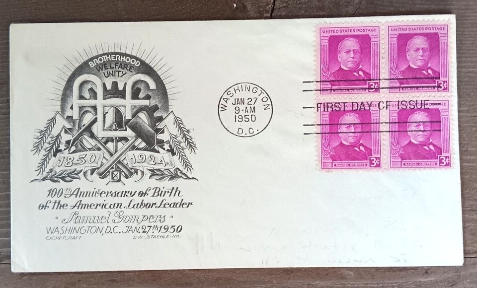 SAMUEL GOMPERS AFL LÍDER LABORAL 1950 STAEHLE CACHET ARTESANÍA BLOQUE DE SELLOS FDC Foto 1 de 1