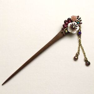 Kanzashi kimono Hair stick Plum Blossom Wooden Hairpin, Pink, Red, Japanese Styl