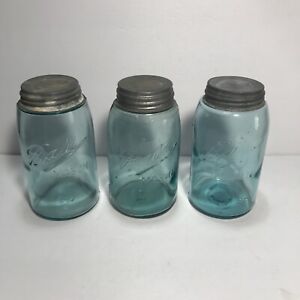 Lot de 3 pots de conserve anciens billes triple L quartz maçon bleu 1900-1910 avec couvercles