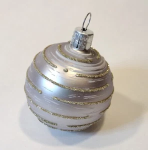 Glass Ball Ornament 2" Silver Gray w Gold & White Stripe - Picture 1 of 5