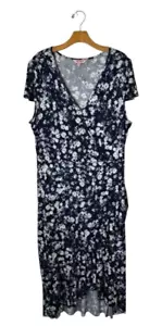 Juicy Couture Dress Women XL Blue White Floral Print Faux Wrap Midi Retro Boho - Picture 1 of 11