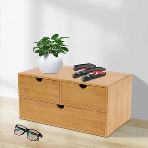 Bamboo Desk Organizer -Tabletop Mini Bamboo Desk Drawer Storage Box w/ 3 Drawers - Picture 1 of 14