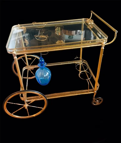 1940 Vintage French Brass Bar Cart Maison Bagues Glass Trays Drinks Trolley Cover