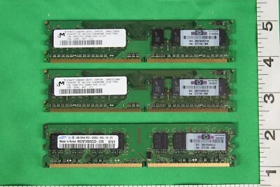 USED 1 GB X 3 PC2-5300 DDR2 667MHZ CL5 3GB TOTAL 2 MICRON 1RX8 1 SAMSUNG 2RX8 HP - Image 1 of 4
