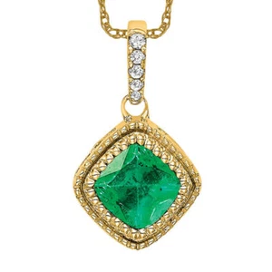 10K Solid Yellow Gold Cushion-cut Emerald Diamond Geometric Necklace - Picture 1 of 12