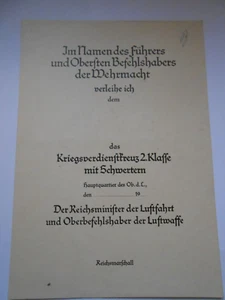 Cruz al mérito de guerra 2ª clase con espadas premio Luftwaffe documento Reichsmarschall - Imagen 1 de 3