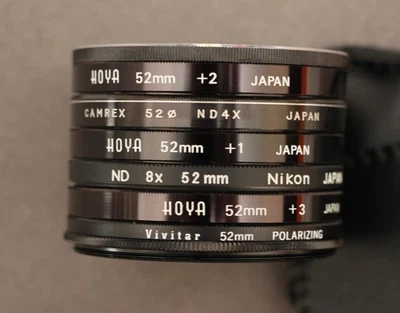6 filters 52m 3 Hoya +1-3,Nikon ND8x,Vivitor Pol,Camrex. ND4x,all Japan made - Image 1 of 4
