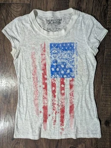 Rocker Girl Sheer White T-shirt American Flag Print w/ Paisley Overlay USA Sz L - Picture 1 of 12