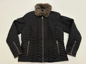 Eddie Bauer Womens Down Black Zip Faux Fur Collar Puffer Jacket Quilted SZ M - Picture 1 of 6